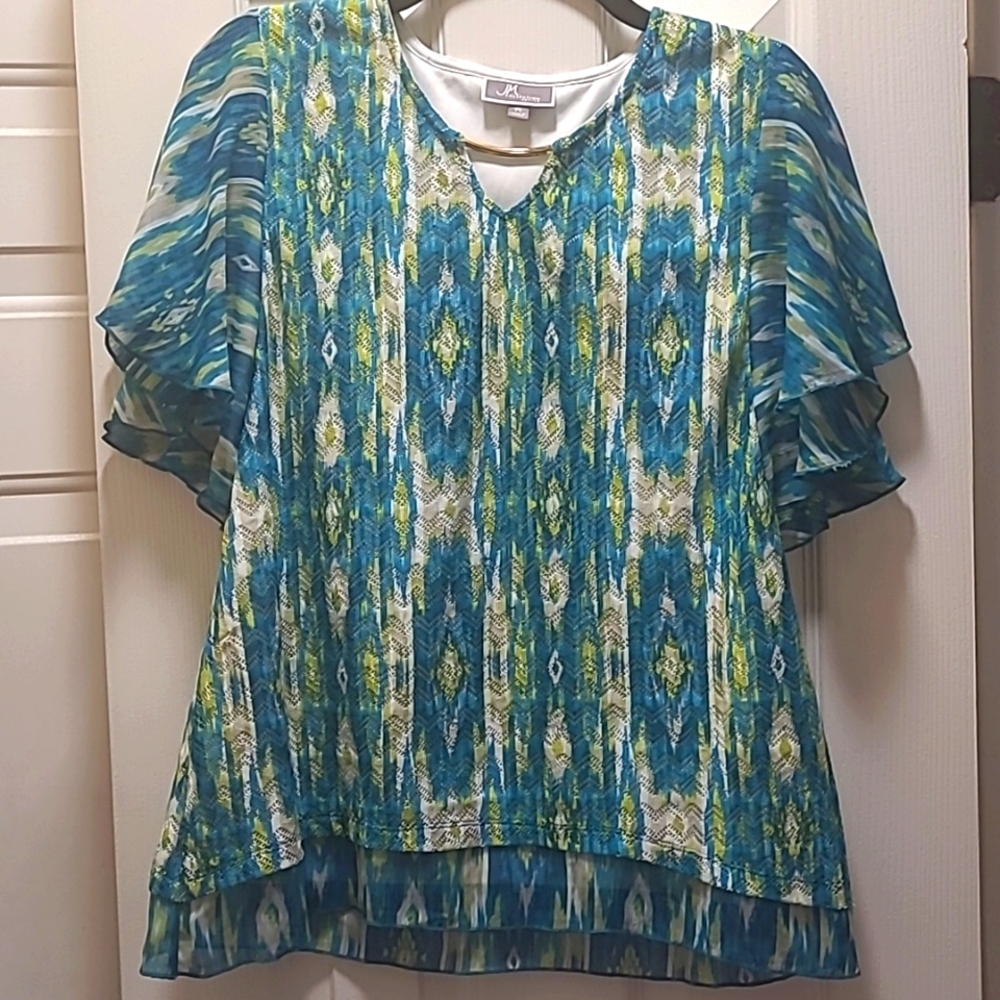 NWOT JM Collection Green/Blue Ruffle Top Size PL